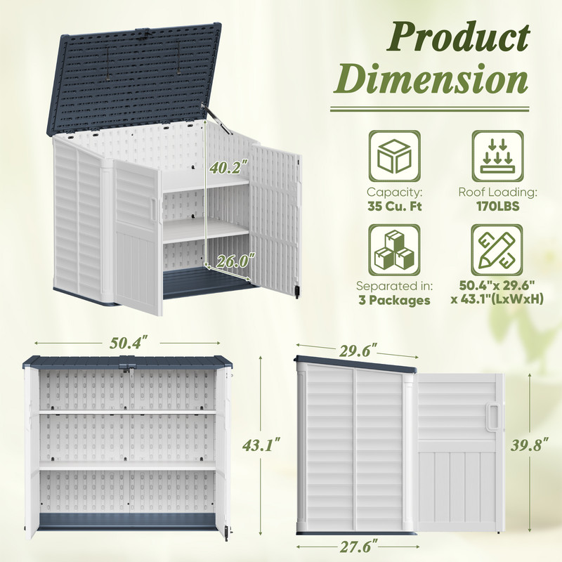 Vineego Outdoor Storage Shed Resin, 35 Cu.Ft Large Capacity Waterproof Plastic Storage Cabinet with Lockable for Garden and Patio