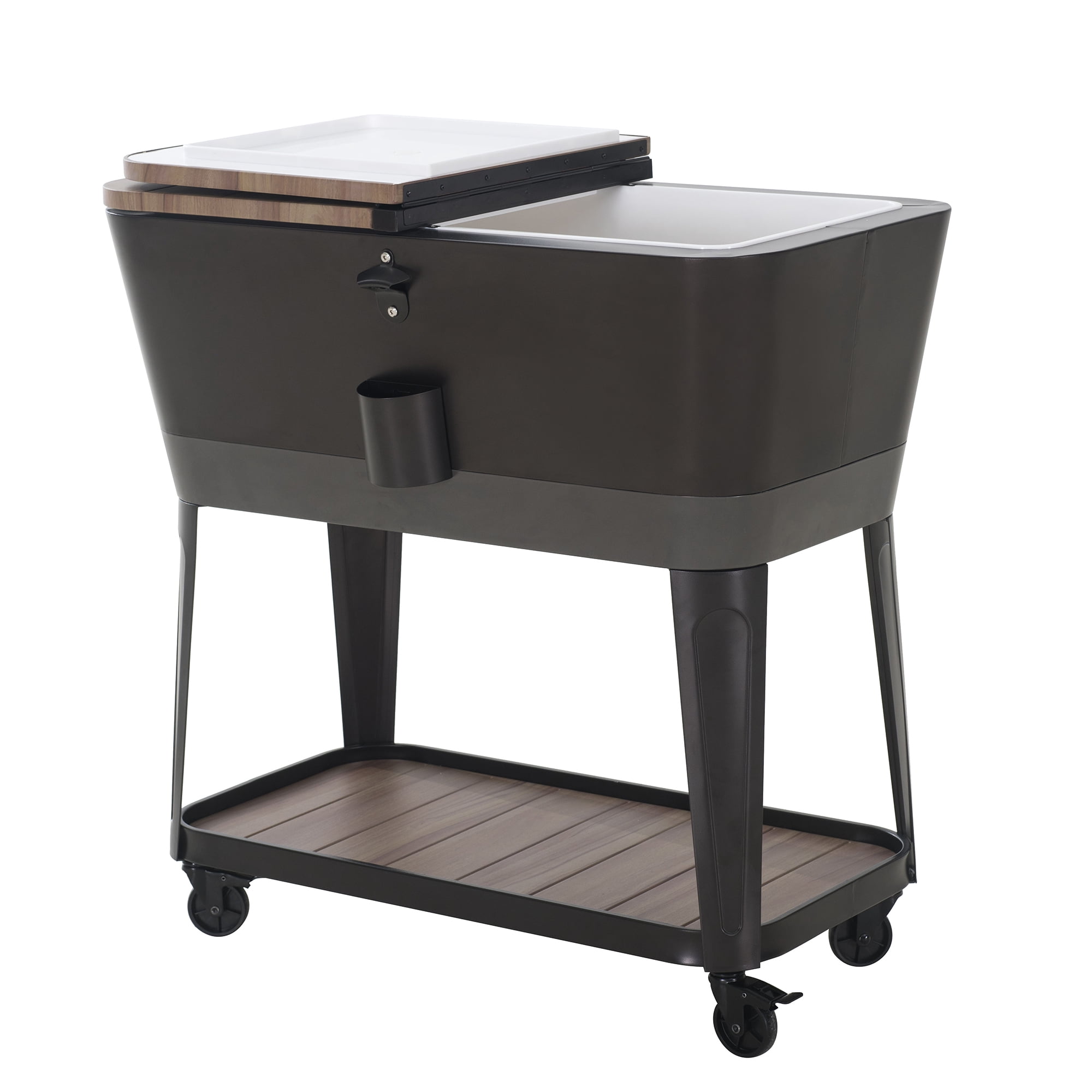 Sunjoy 80-Quart Wood Grain Finish Metal Rolling Ice Chest Cooler Cart with Storage Shelf, Steel Bottle Opener, and Lockable Wheels, Deep Silver