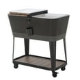 thumbnail image 3 of Sunjoy 80-Quart Wood Grain Finish Metal Rolling Ice Chest Cooler Cart with Storage Shelf, Steel Bottle Opener, and Lockable Wheels, Bronze, 3 of 8
