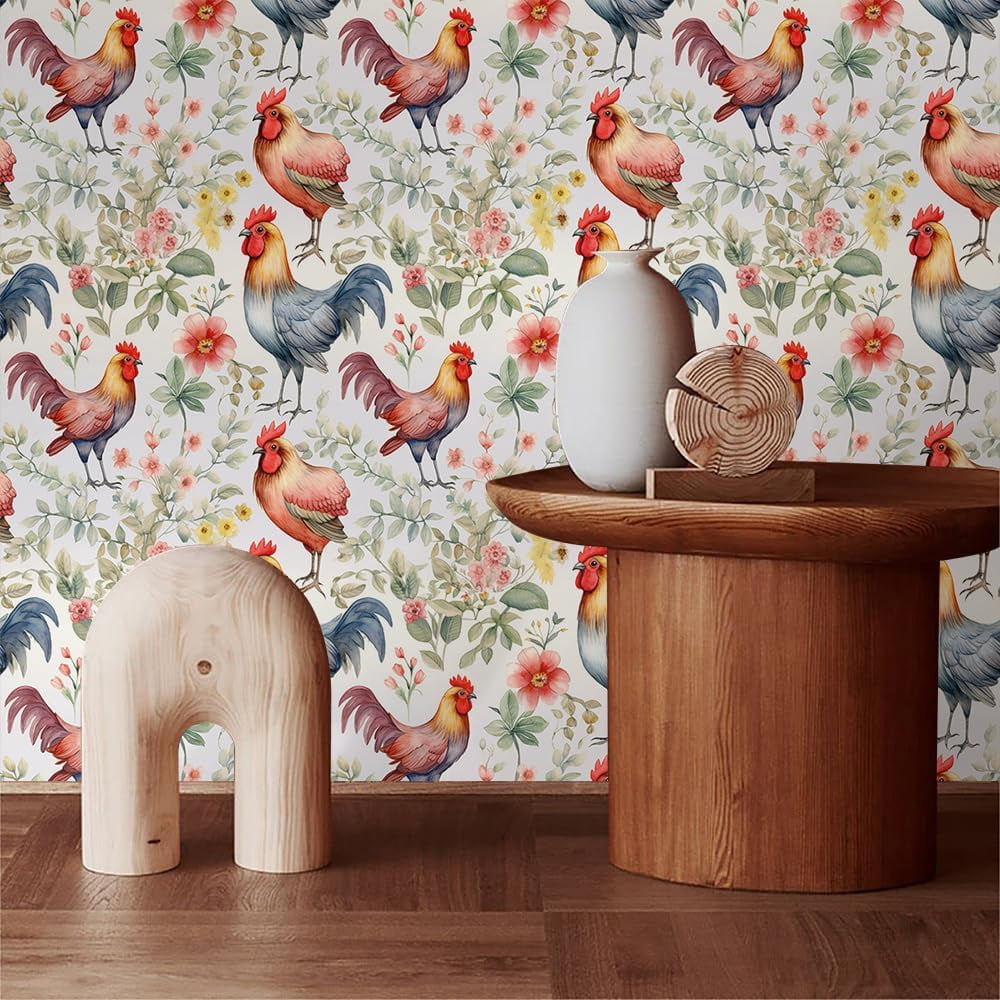 Rustic Watercolor Flowers Red Yellow Pink Rooster Farm Peel and Stick Wallpaper Contact Paper Vintage Vinyl Stick on Wall Paper for Bedroom Bathroom Kitchen Cabinet Renter Friendly