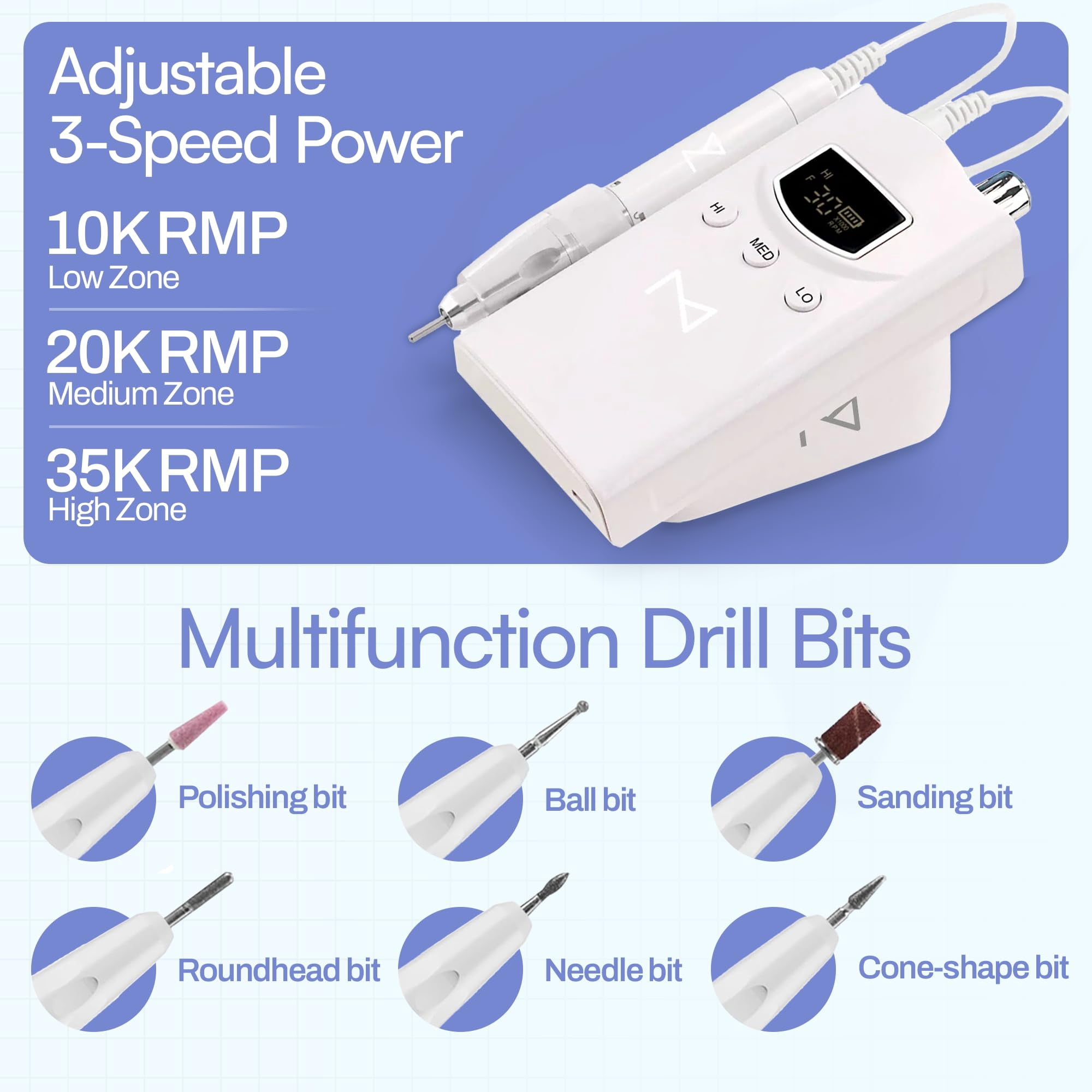 M GEM - Professional Brushless 35k RPM Nail Drill E-File - 3 Adjustable RPM Zones, Forward/Reverse, Long Battery Life - Salon-Grade Nail Care Tool (White)
