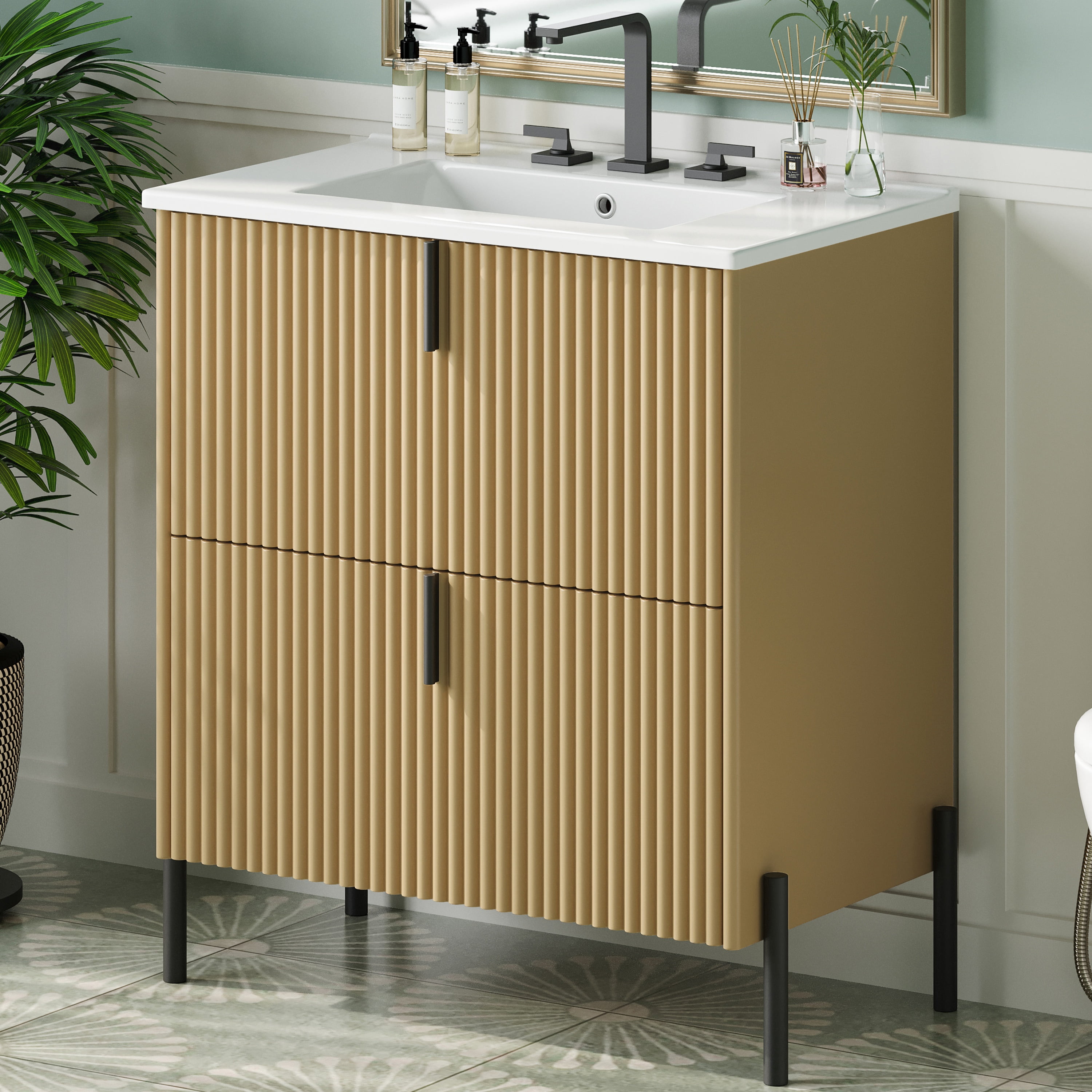 Euroco 30" Bathroom Vanity with Ceramic Sink, Equipped with Vertical Pulls and Full-Extension Drawers, Freestanding Bathroom Vanity with Soft Close Drawer Slides, Fluted Design, Natural