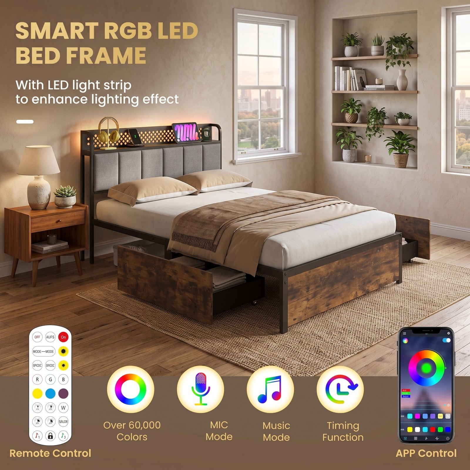 Furnibear Twin Bed Frame with Storage and LED Lights, Upholstered Platform Bed Frame with Headboard and 4 Drawers, Rustic Brown