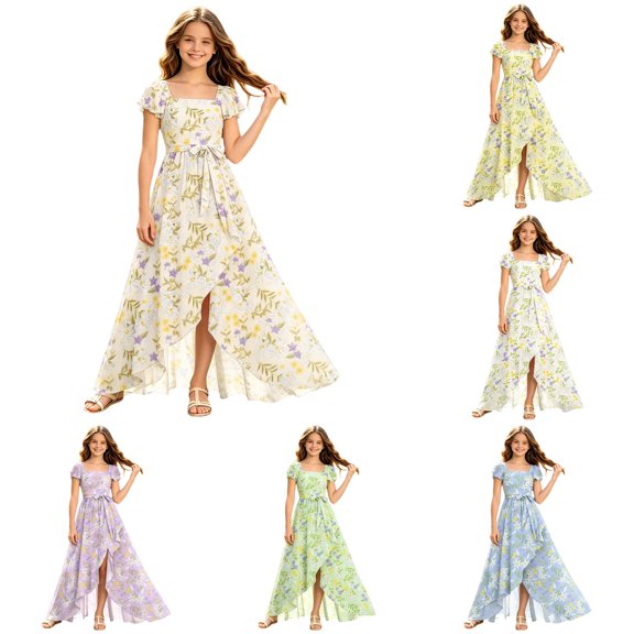 FINALGANG Girls Kids Square Neck Short Flutter Sleeve Floral Print Waist Tie Bow High Low Slit Hem Flowy Summer Maxi Dress For Chld Leisure Dress 7-8 Years