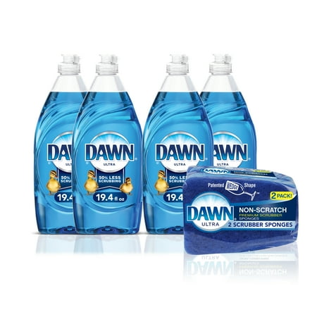 Dawn Ultra Liquid Dish Soap, Original, 4x19.4 fl oz plus 2 ct Sponge