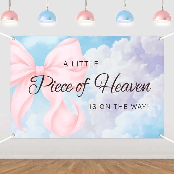 7x5FT Pink Bow Clouds Baby Shower Backdrop A Little Piece of Heaven is On the Way Photography Background for Girls Welcome Newborn Shower Birthday Party Decorations Banner Photo Booth Props