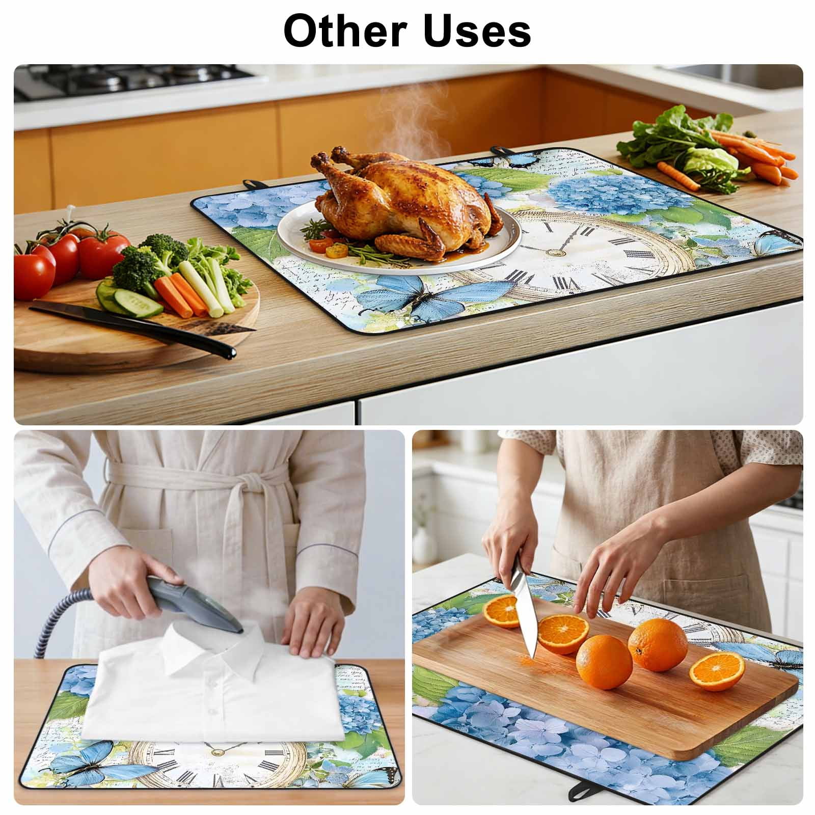 Blue Hydrangea Retro Stove Top Cover for Electric Stove, Heat-proof & Non Slip Glass Top Stove Cover Protector, Spring Summer Clock Butterfly Kitchen Flat Cooktop Rubber Mat 24x21 Inches