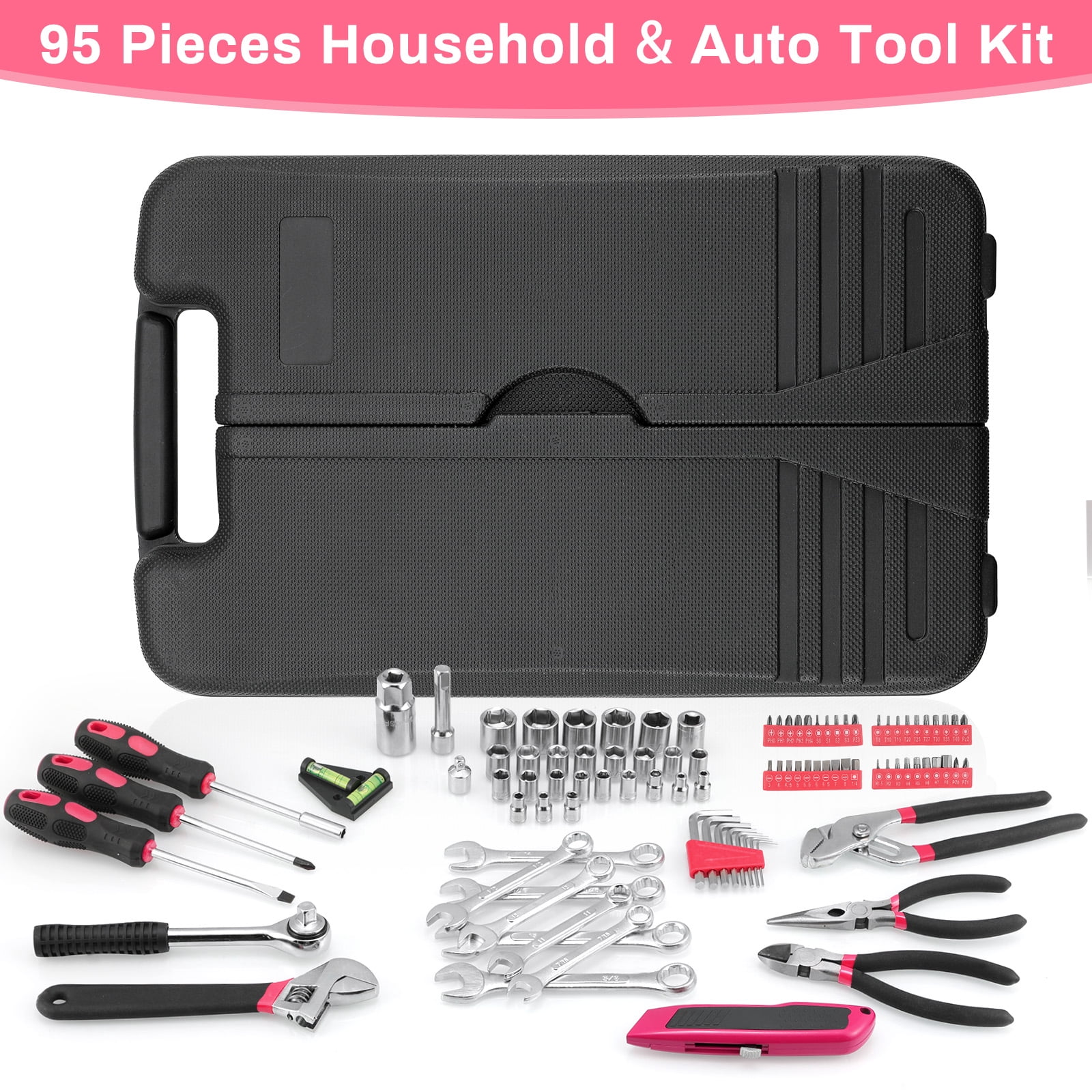 TLGREEN 95-Piece Mechanics  Tool Set, Car Tool Kit with Adjustable Wrench, Pliers, Sockets & Bits  (Pink)