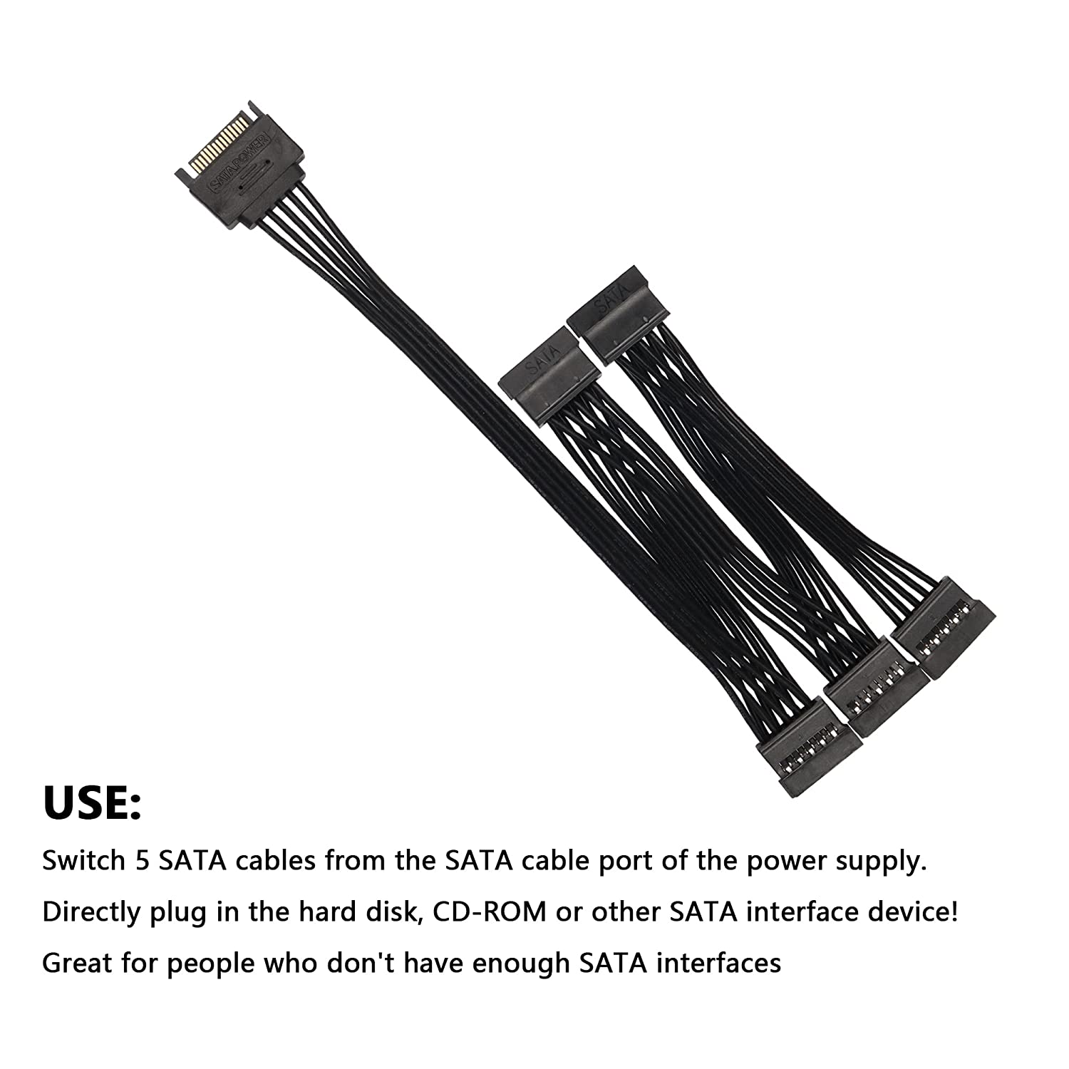 HRTGFD-SATA Power Splitter Cable - 15Pin Male to 5 Female Power Extension Hard Drive Cable for HDD, SSD and Optical Drives - 23.5cm