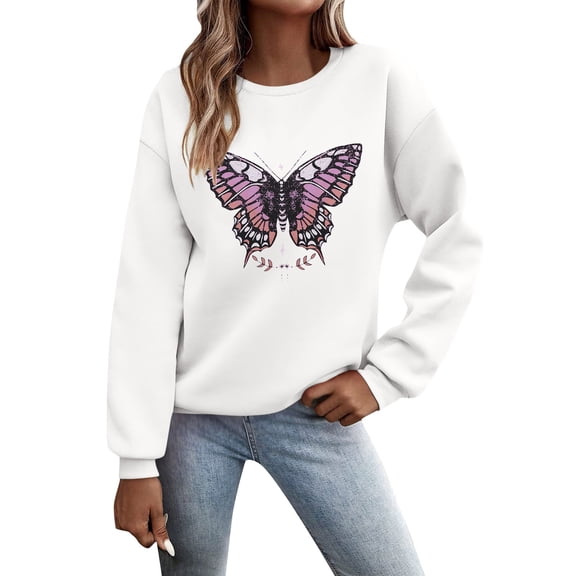 Womens Oversized Sweatshirts Butterfly Graphic Long Sleeve Crew Neck Casual Plain Pullover Tops White