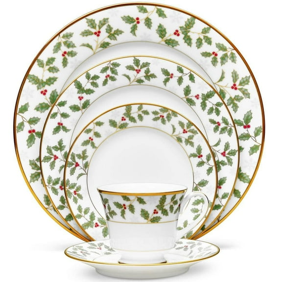 Holly and Berry Gold 5-Piece (White) Porcelain Place Setting, Service for 1