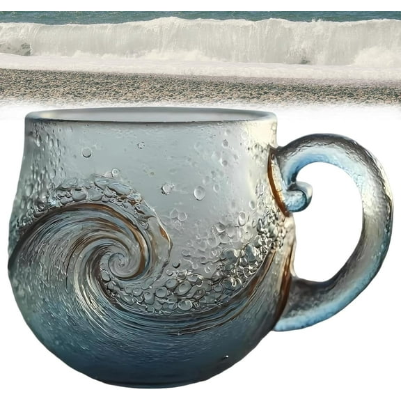 Minibee Sea Glass Wave Mug, Handblown with a Textured Ocean Swirl, Unique Glass Coffee & Tea Cup for Beach-Themed Kitchens and Thoughtful Gift Giving