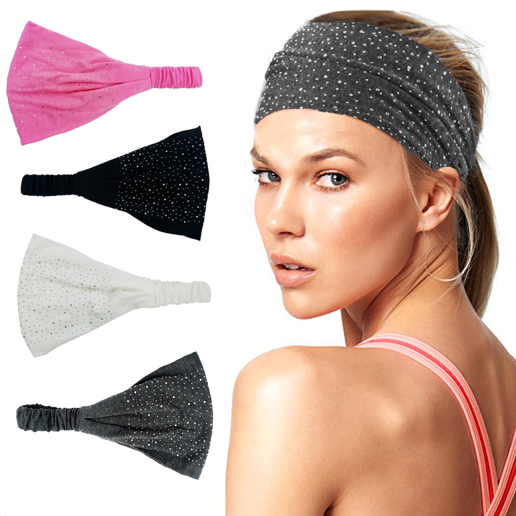 4PCS Wide Headbands Rhinestone Elastic Bandana Headbands Hair Bands Sports Hair Wrap for Women