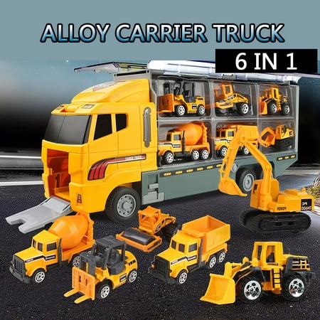 6 In 1 Alloy Die-Cast Construction Truck Vehicle Carrier Truck with a Forklift Bulldozer Road Roller Mixer Truck Dump Truck and Excavator Car Ejection Function Carrying