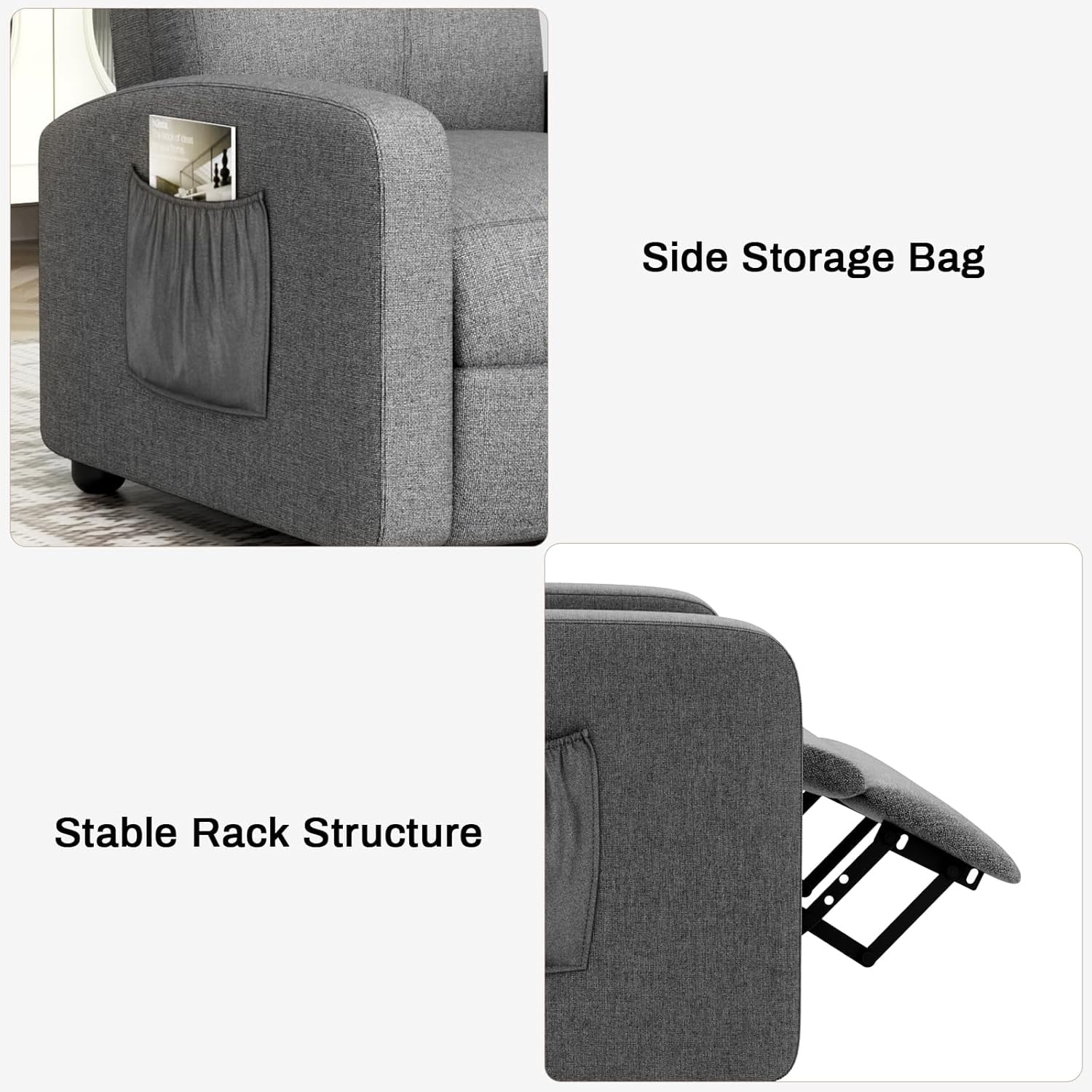 TLSUNNY Recliner Chair with Side Pocket, Adjustable Backrest & Footrest Linen Fabric Sofa, for Living Room,Home Theater