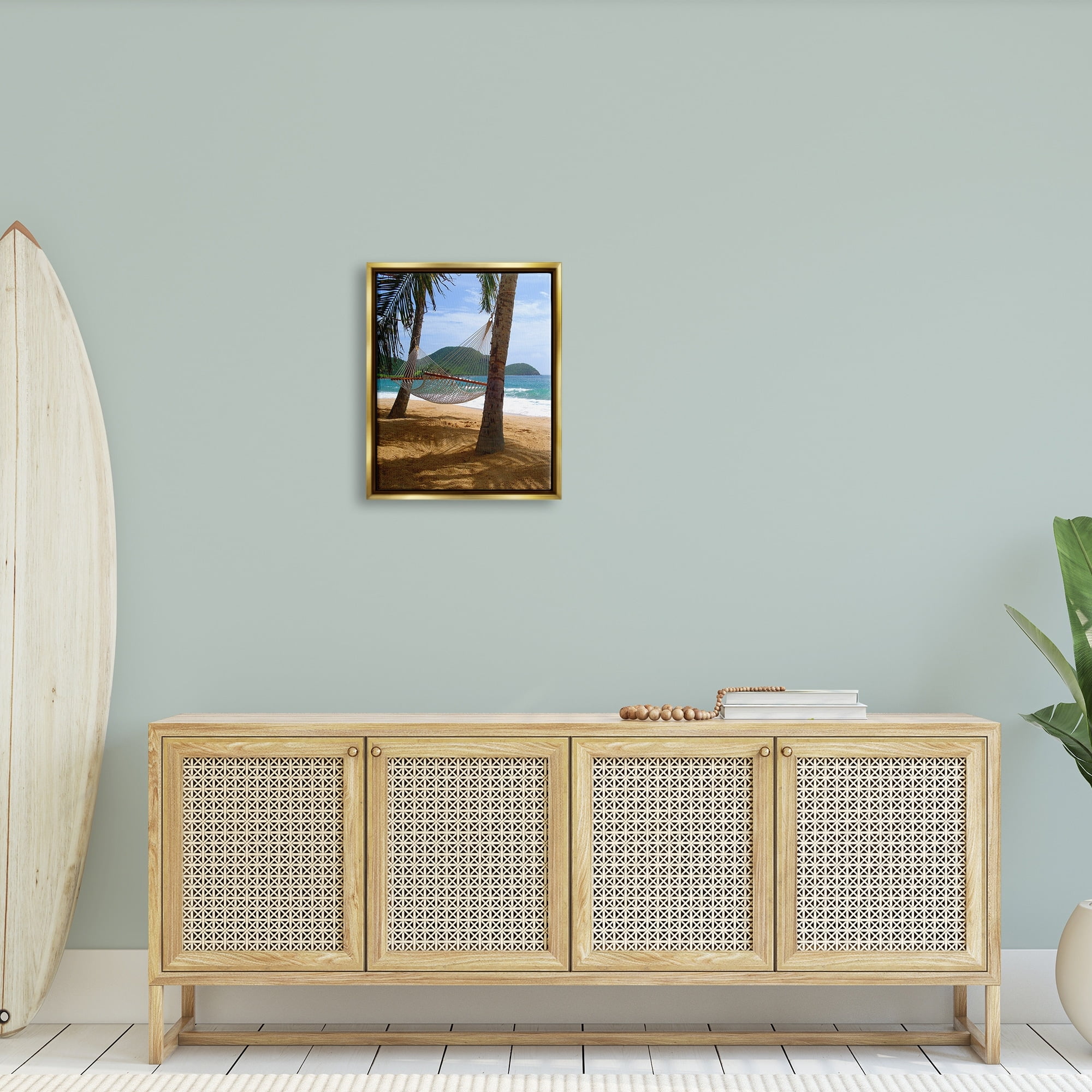 Stupell Industries Tropical Summer Vacation Hammock Between Palm Trees Photograph Metallic Gold Floating Framed Canvas Print Wall Art, Design by Noah Bay