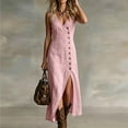 thumbnail image 2 of Women's Casual Summer Dress V Neck Sleeveless Tank Dresses with Asymmetric Button Front Breathable Linen Blend Midi Dress Pink S, 2 of 6