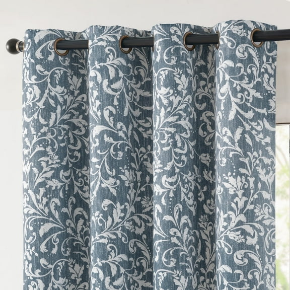 Curtainking 100% Blackout Curtains for Bedroom Blue Scroll Floral Window Curtains Grommet Thermal Insulated Drapes for Living Room Farmhouse Vintage Window Treatments Set 84 Inch Length 2 Panels