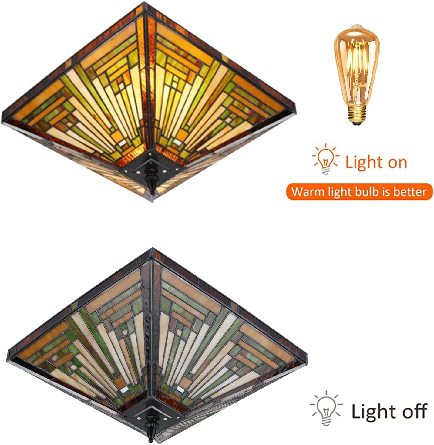 14 inch Tiffany Style Ceiling Light Wide Amber Brown Stained Glass Semi Flush Mount Ceiling Lamp for Kitchen Porch Entryway Bathroom Hallway 2 Light