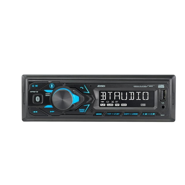 JENSEN MPR210 Radio estéreo para automóvil con pantalla LCD de 7 caracteres de un solo DIN | Asistente Push to Talk | Llamadas manos libres Bluetooth y transmisión de música | Radio AM/FM | Reproducci