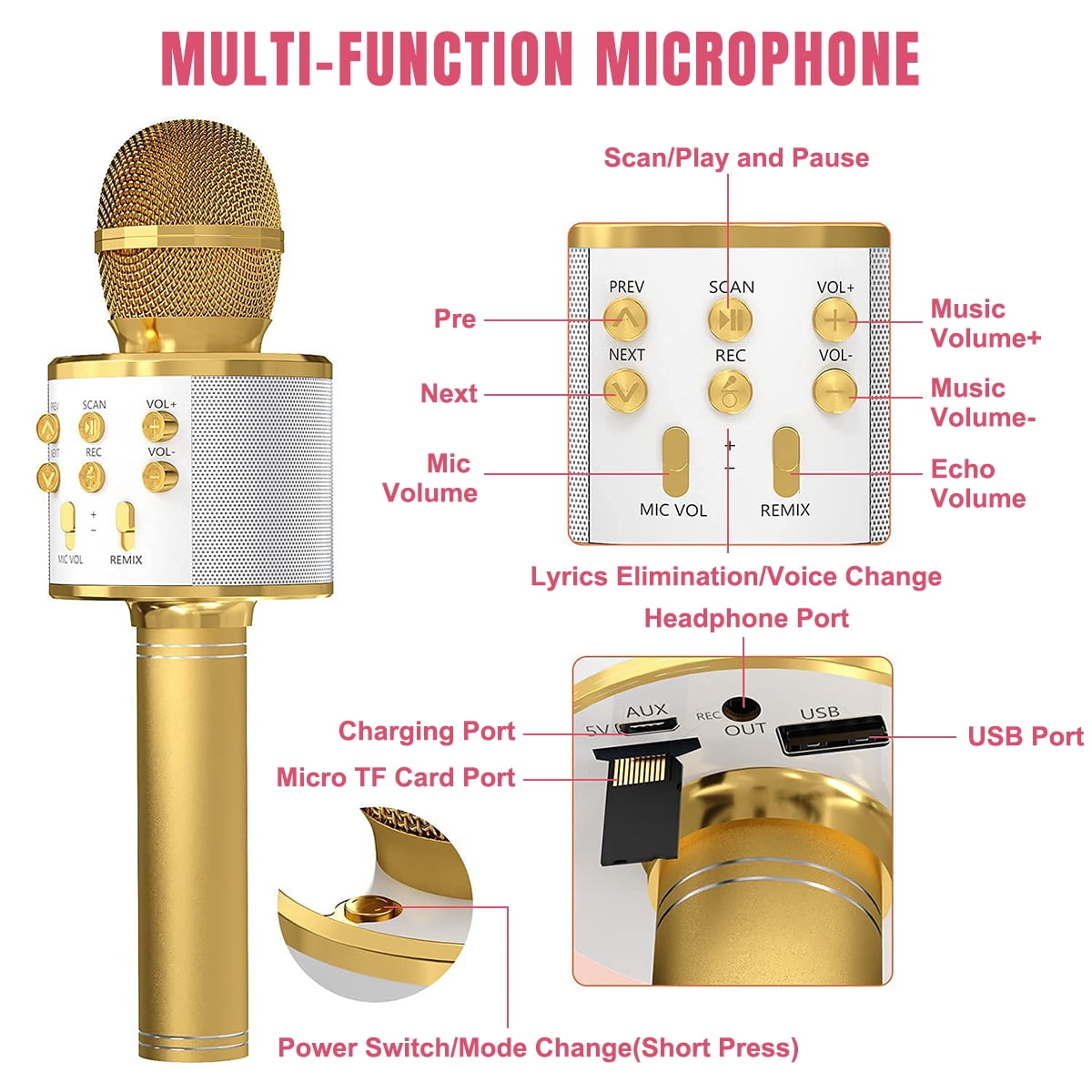 PayUSD Wireless Microphone for Kids Bluetooth Karaoke Microphone for adults 5-in-1 Portable Handheld Mic Speaker Birthday Christmas Gifts Toys for Girls Boys Adults All Age, Golden