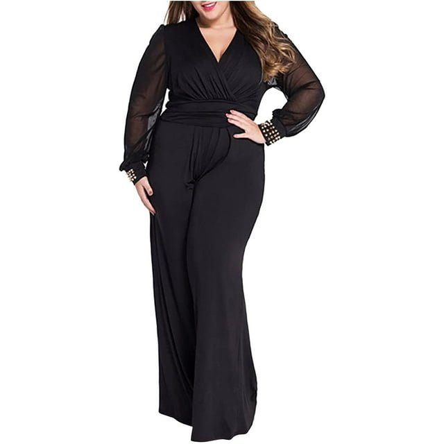 Pompotops Women Long Sleeve Wide Leg Jumpsuits Pant Romper Mesh V Neck Blouse Loose Jumpsuits