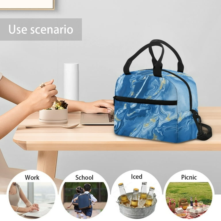 NYZNIA Blue Marble Lunch Bag for Women Insulated Lunch Box with Long Strap  for Work Picnic