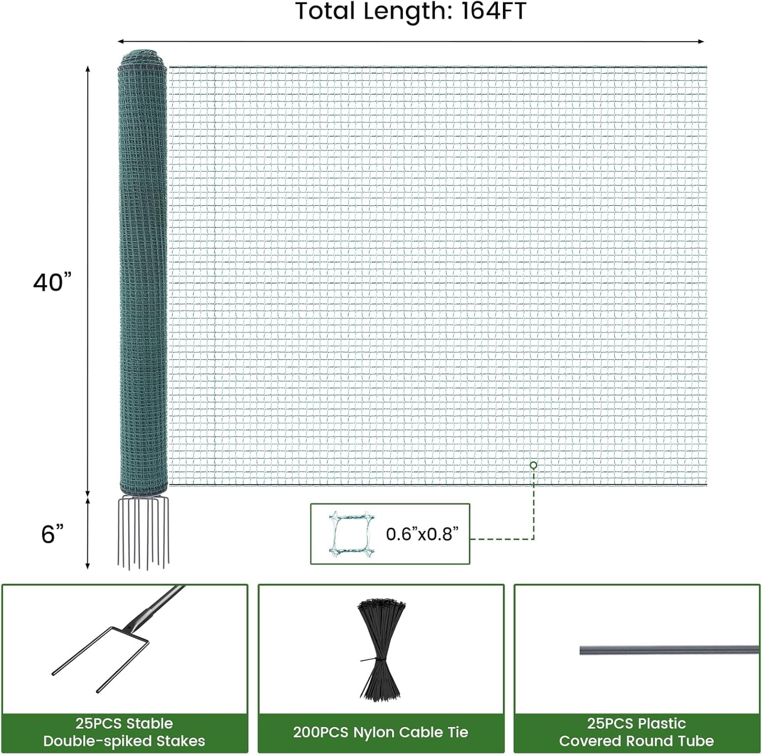 Non Electric Fence Netting for Livestock, 40" x164' Portable Poultry Nets Mesh for Chickens, Goats, Sheep, Dog, All-Purpose Fencing for Backyards, Homesteaders, Farms Ranches, and Gardens