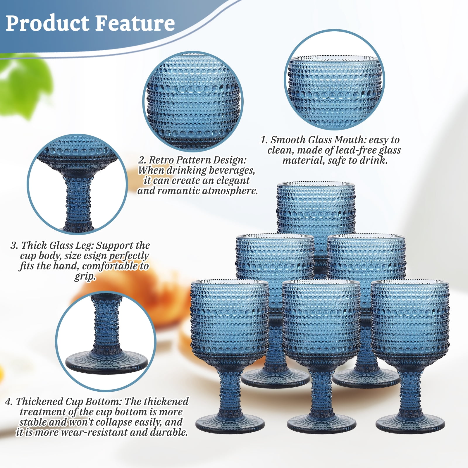 10 Oz Glass Wine Glasses, Set of 6 Stemmed Small Wine Glasses, 300ml Vintage Dot Relief Cups, Blue