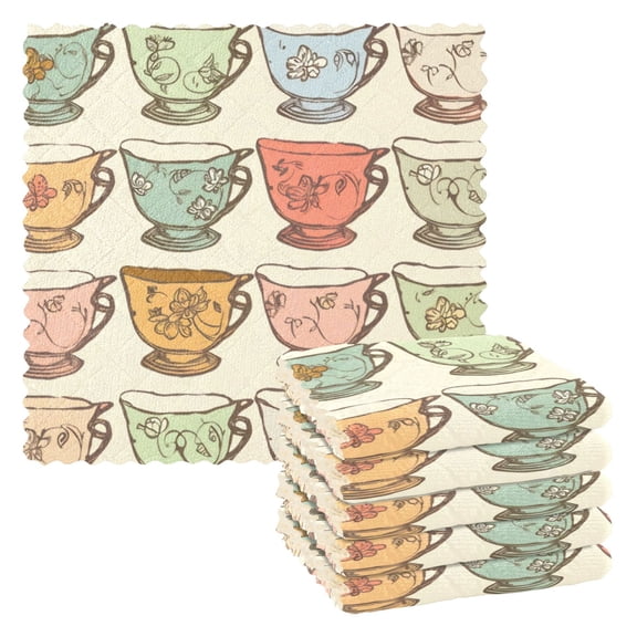 6 Pieces of Kitchen Towels 11x11Inch Kitchen Dish Cloths Kitchen Dish Towels Reuseable Cleaning Cloths Cartoon Tea Cup
