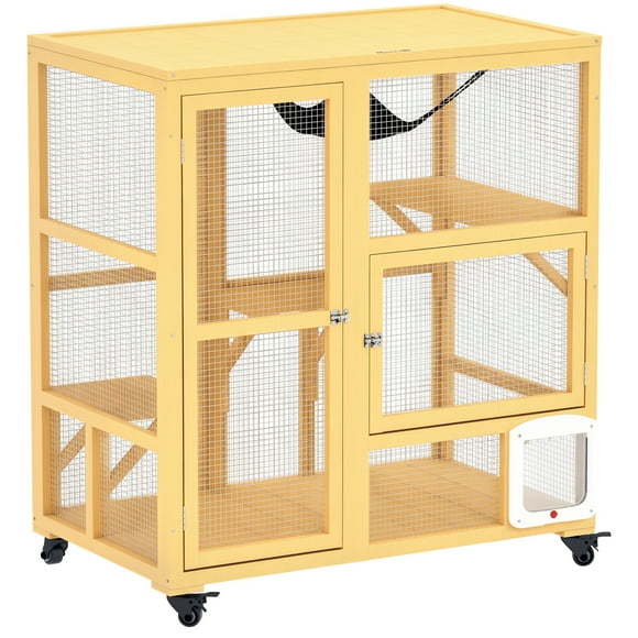 PawHut Wooden Cat House for Indoor Cats w/ Flap Door Platforms Hammock