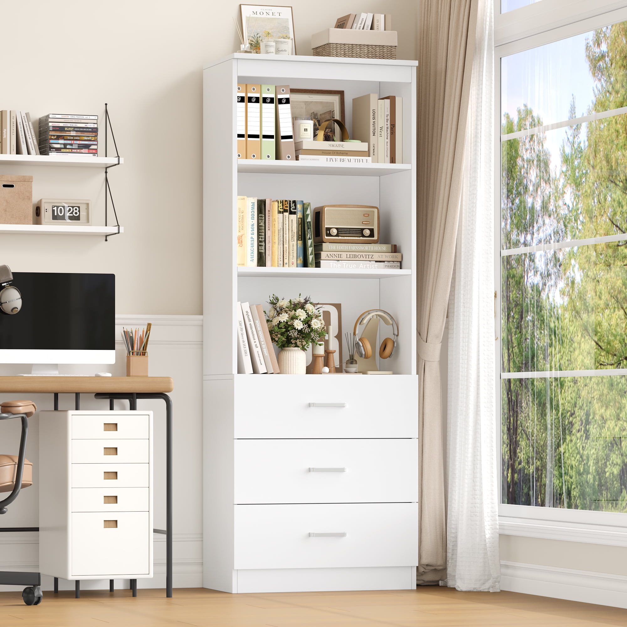 Homfa 71" Tall Bookcases with 3 Large Drawers, 3 Tier Wooden Storage Bookshelf for Living Room Home Office, White