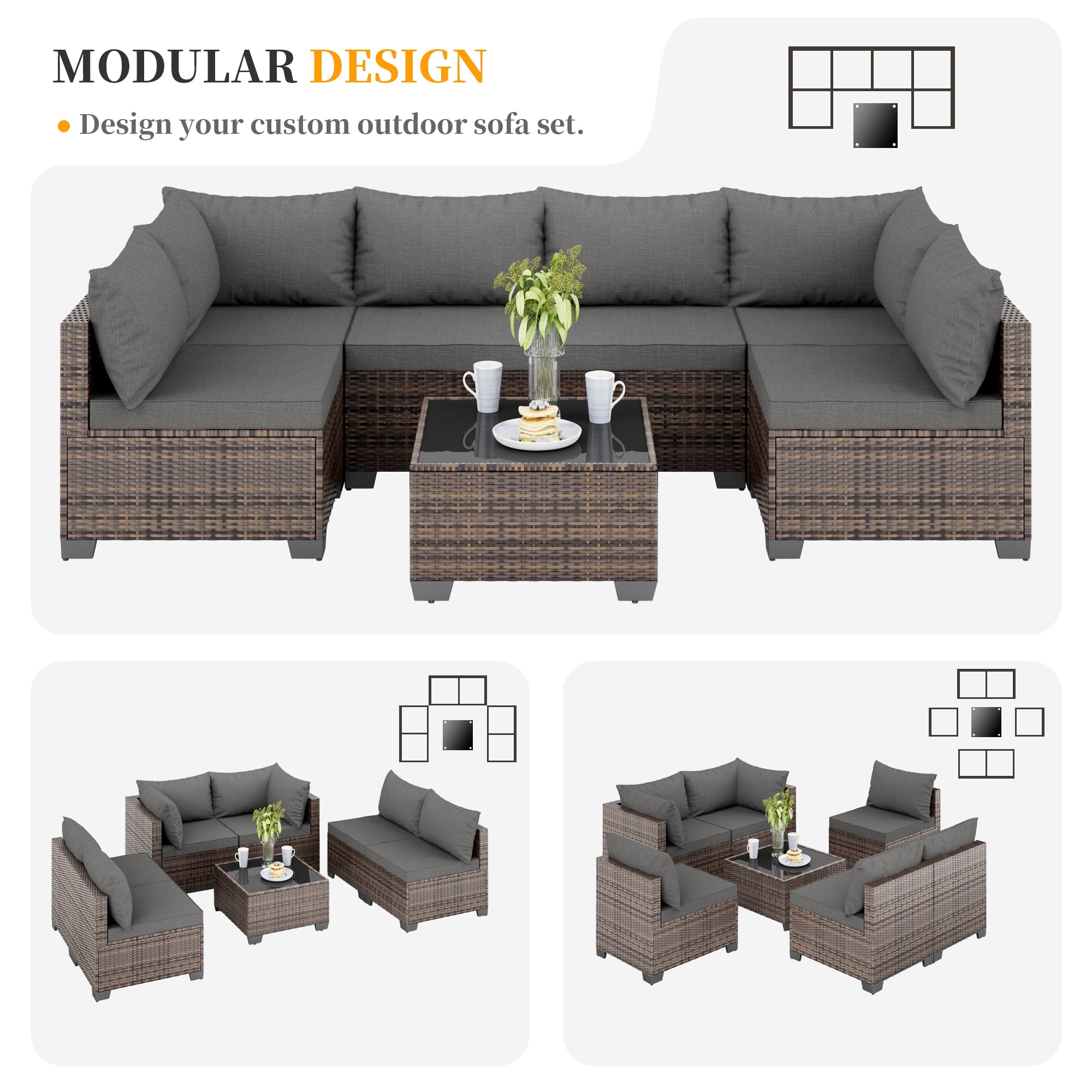 JORVIMAX 7 Piece Patio Furniture Set Outdoor Conversation Sets All-Weather Brown Rattan Wicker Patio Sectional Sofa with Cushions Dark Gray