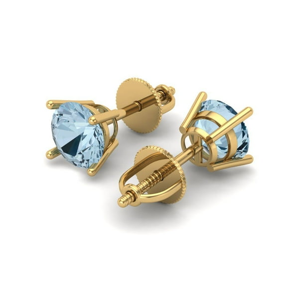 2 Ct Round Cut Studs Blue Natural Aquamarine 14K Yellow Solid Solid Gold Everyday Dainty Earrings Screw Back