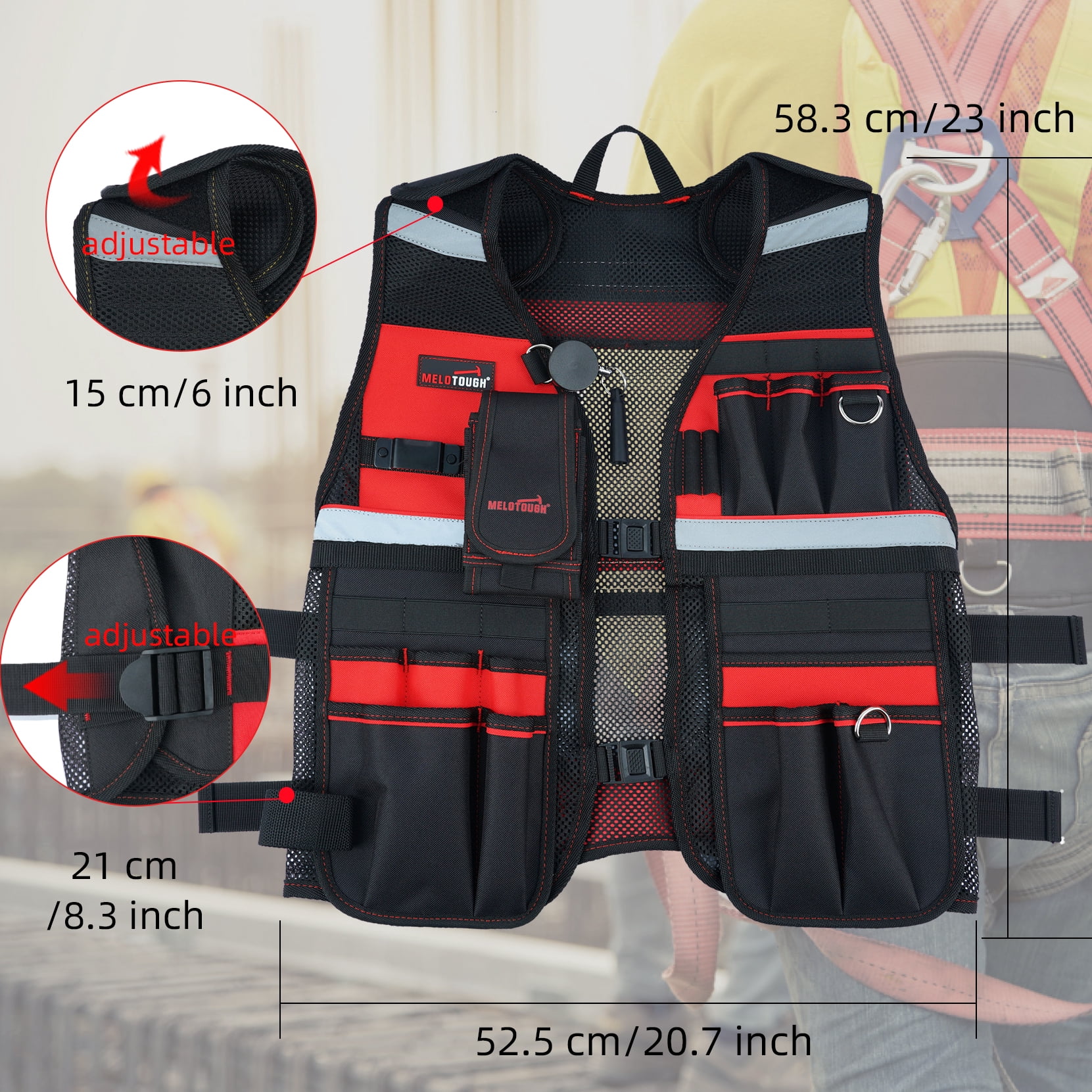 MELOTOUGH Tool Vest for Men Reflective Safety Tool Vest with Adjustable Straps,Removable Phone Holder for Electrical,Carpenters,Construction(Red)