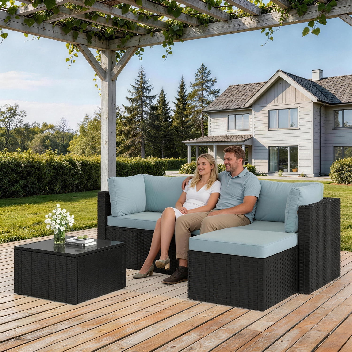 Clouddwell 5 Pieces Patio Furniture Set, All-Weather Wicker Rattan Patio Sectional Sofa Set with Coffee Table (Light Blue)