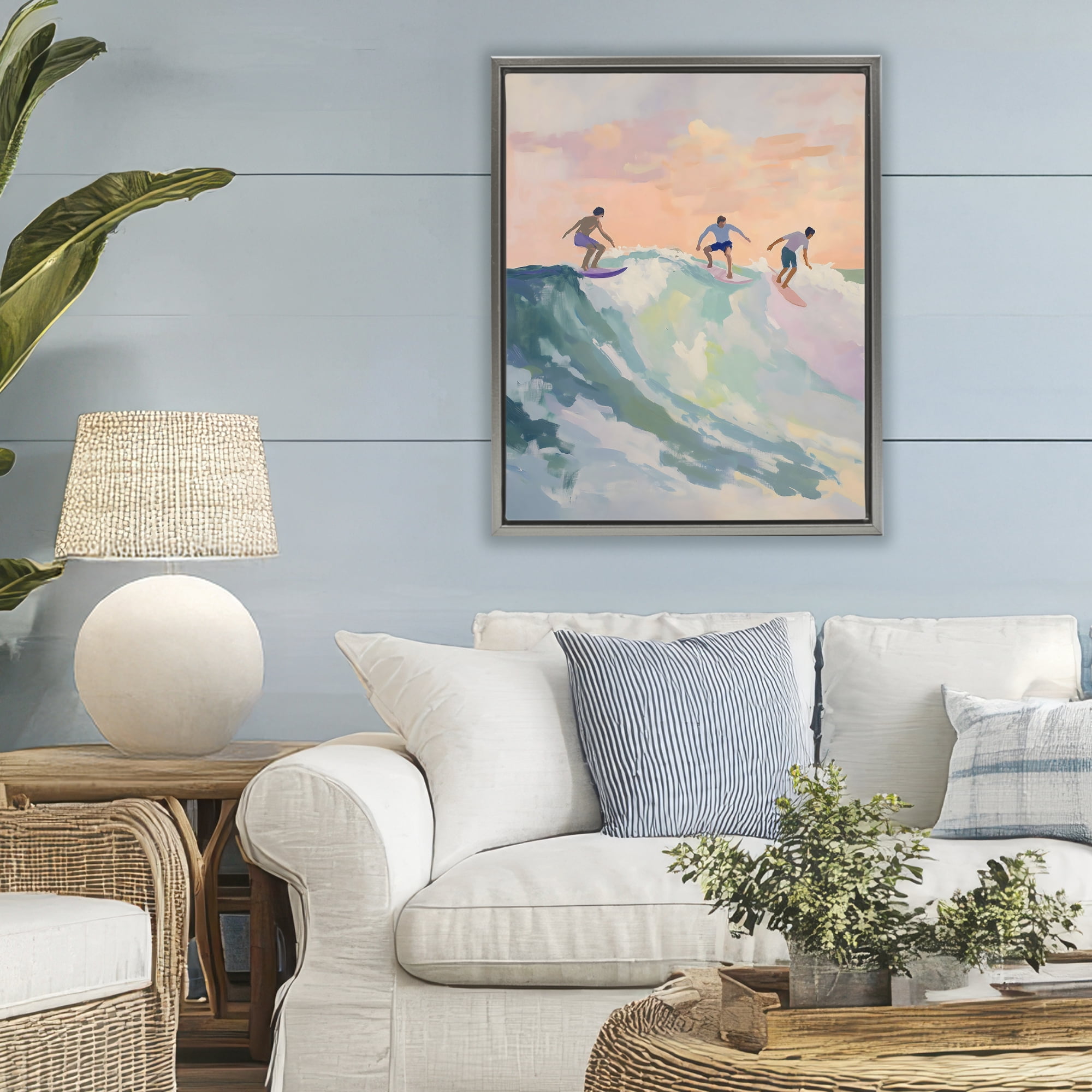 Stupell Industries Group of Surfers at Sunset Gray Framed Floater Canvas Wall Art, design by The Prints Vibe