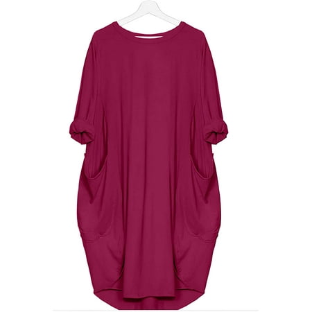 

PIKADINGNIS Womens Solid Color Loose Crewneck Basic Dress Summer Casual Mid-Length Long Sleeve Dresses for Women with Pockets