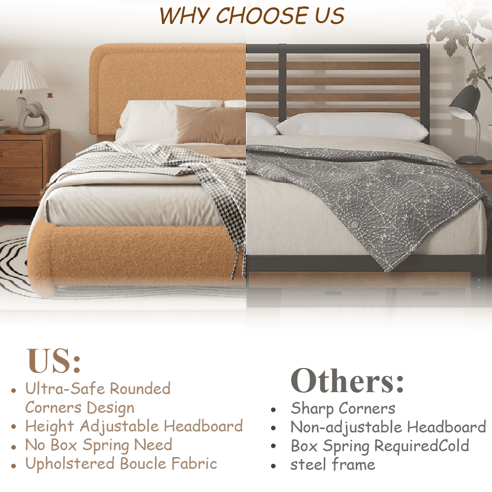 VIPLOV King Size Boucle Bed Frame, Cloud Upholstered Platform Bed with Height Adjustable Headboard & Soft Rounded Corners, No Noise Free, Easy Assembly,Brown
