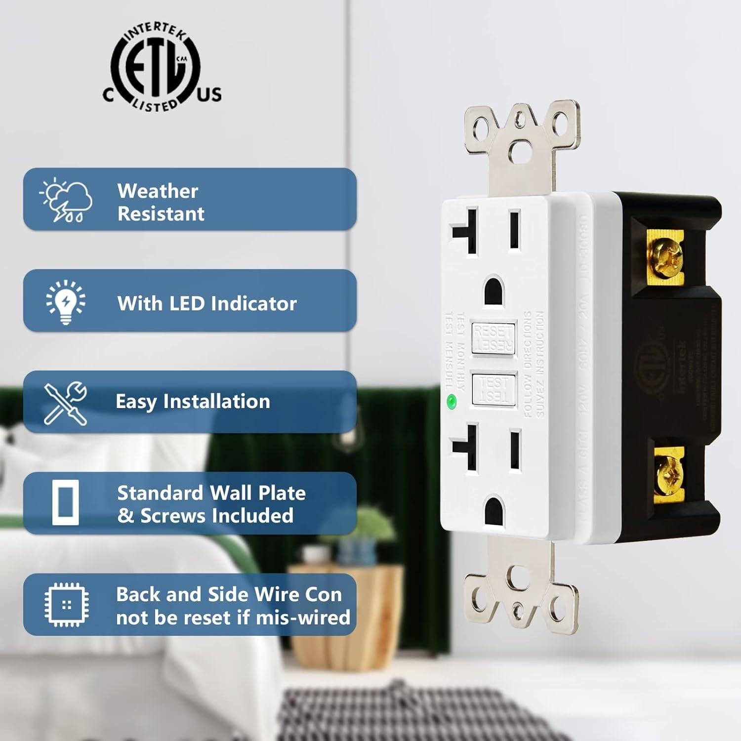 Nineleaf GFCI Outlets 20 Amp, Non-Tamper Resistant, Decor GFI Receptacles with LED Indicator, Ground Fault Circuit Interrupter, Wallplate Included, ETL Listed, White,2 Pack