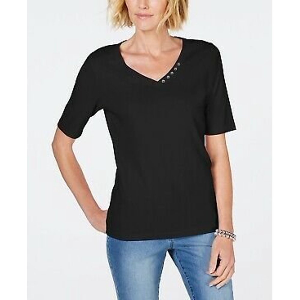 Karen Scott Karen Scott Cotton VNeck TShirt, Deep Black S Walmart