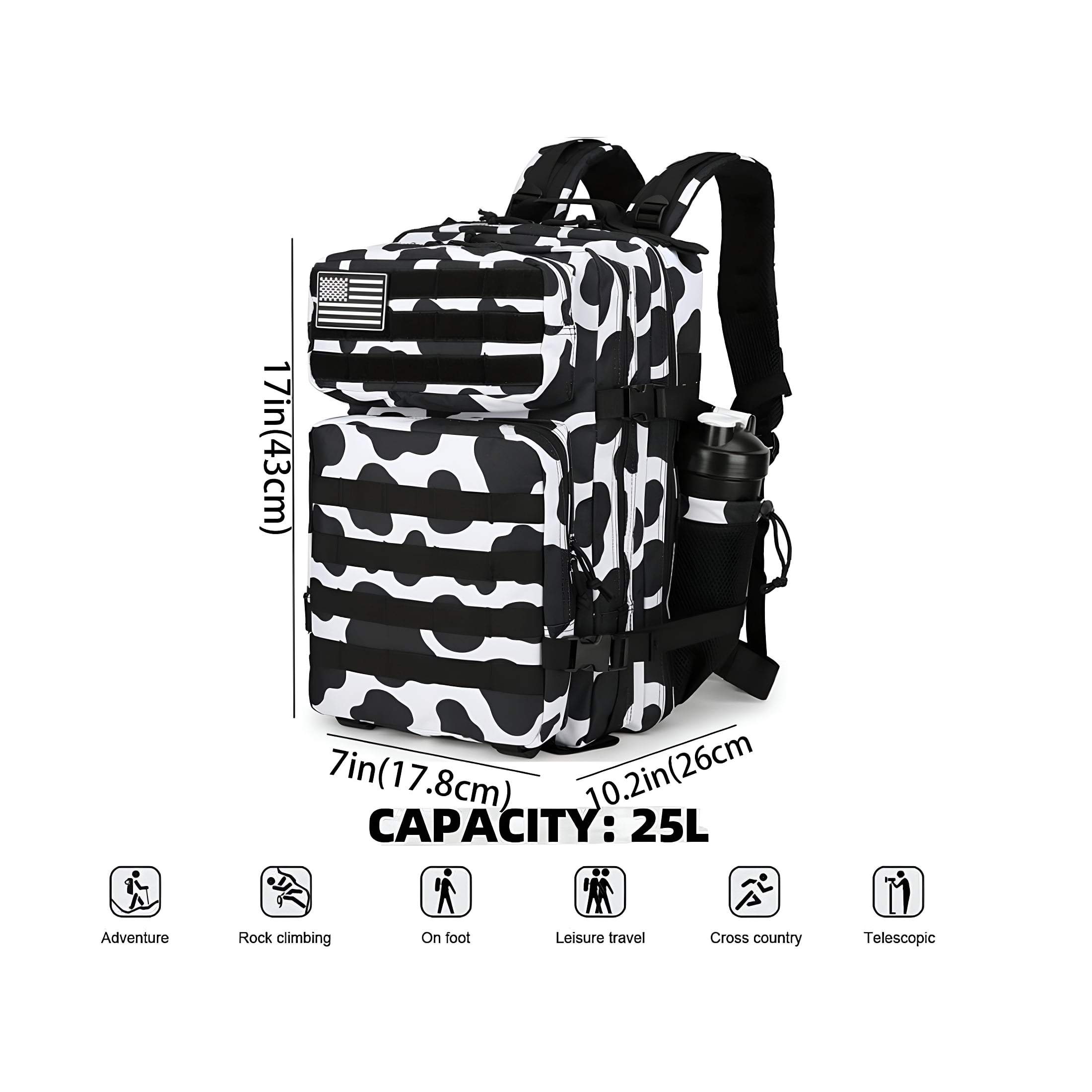 GASTROPOD 25L Cow Print Tactical Backpack Military Tactical Backpack For Men And Women Small Assault Pack Outdoor Travel Hiking Camping Rucksack With Molle Webbing
