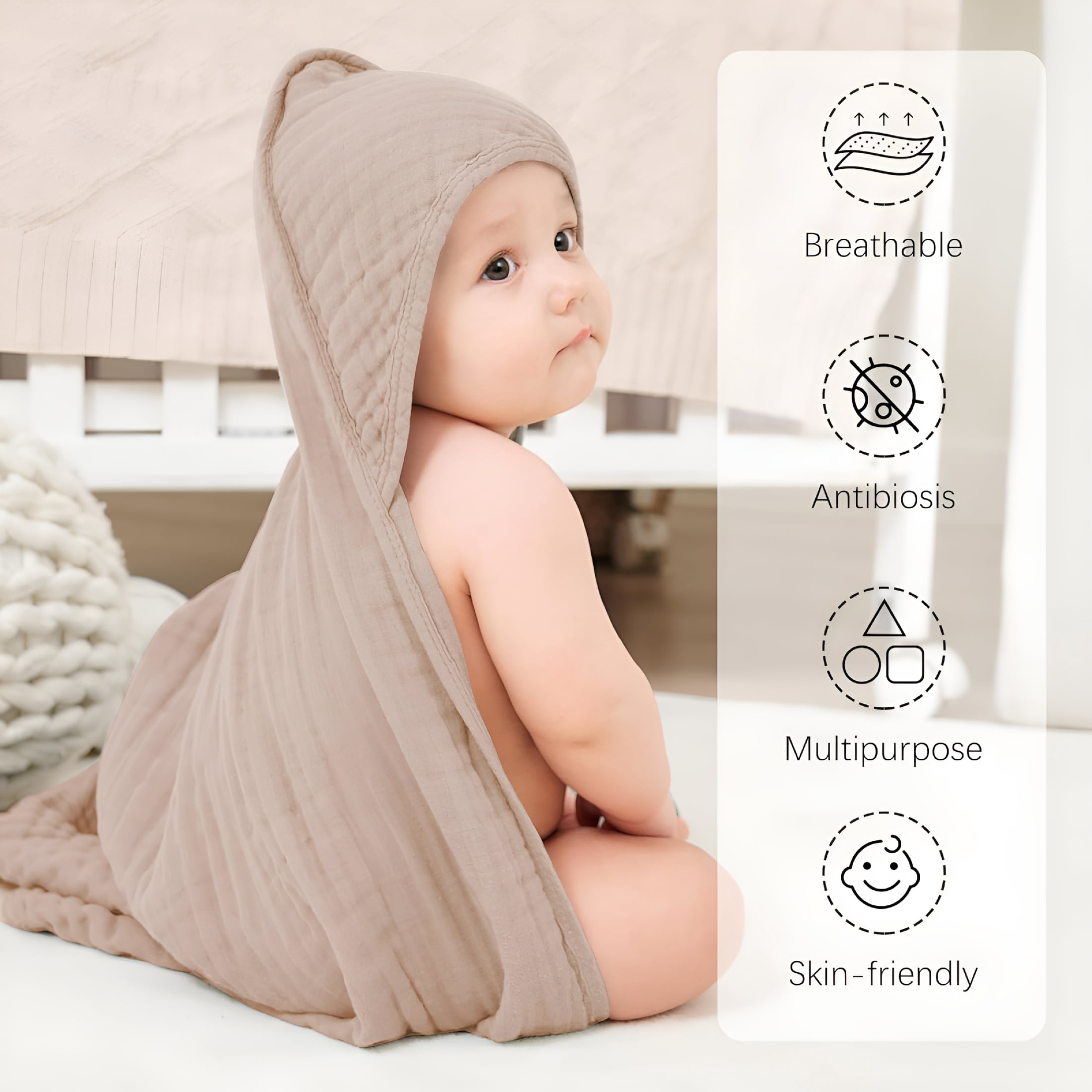 AUQ 2026 New Muslin Hooded Baby Bath Towels - 2 Pack 100% Cotton Towel for Babies, Infants, Toddlers - 32X32Inch - Highly Absorbent and Newborn Essential, Ivory and Brown