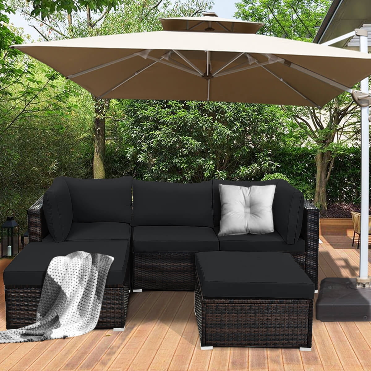 Costway 5PCS Outdoor Patio Rattan Furniture Set Sectional Conversation Black Cushion