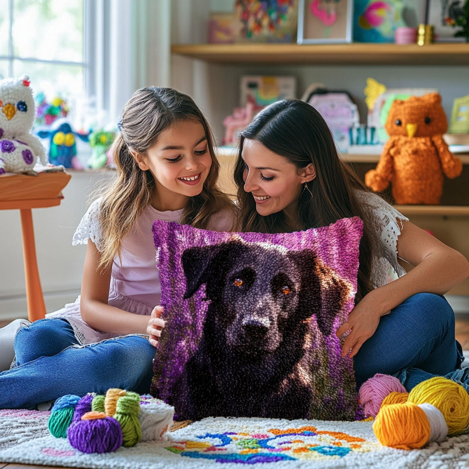 Black Labrador Retriever in Lavender DIY Latch Hook Pillow Kits for Adults Printed Pillowcase Crochet Yarns Hooking Handmade Pillow Cover Cushion for Home Sofa Decoration 17x17inch