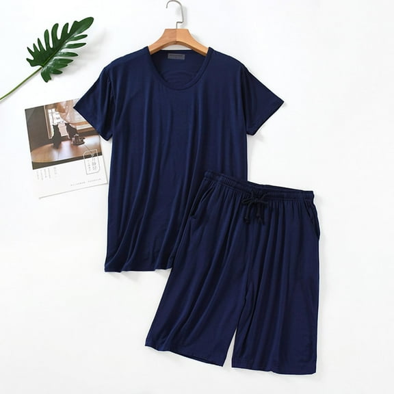 Mens Pyjamas Set Short Sleeve Nightwear Crew Neck Pyjama Top & Shorts Soft Comfy Sleepwear Lounge wear PJ's Sets Navy XXXL