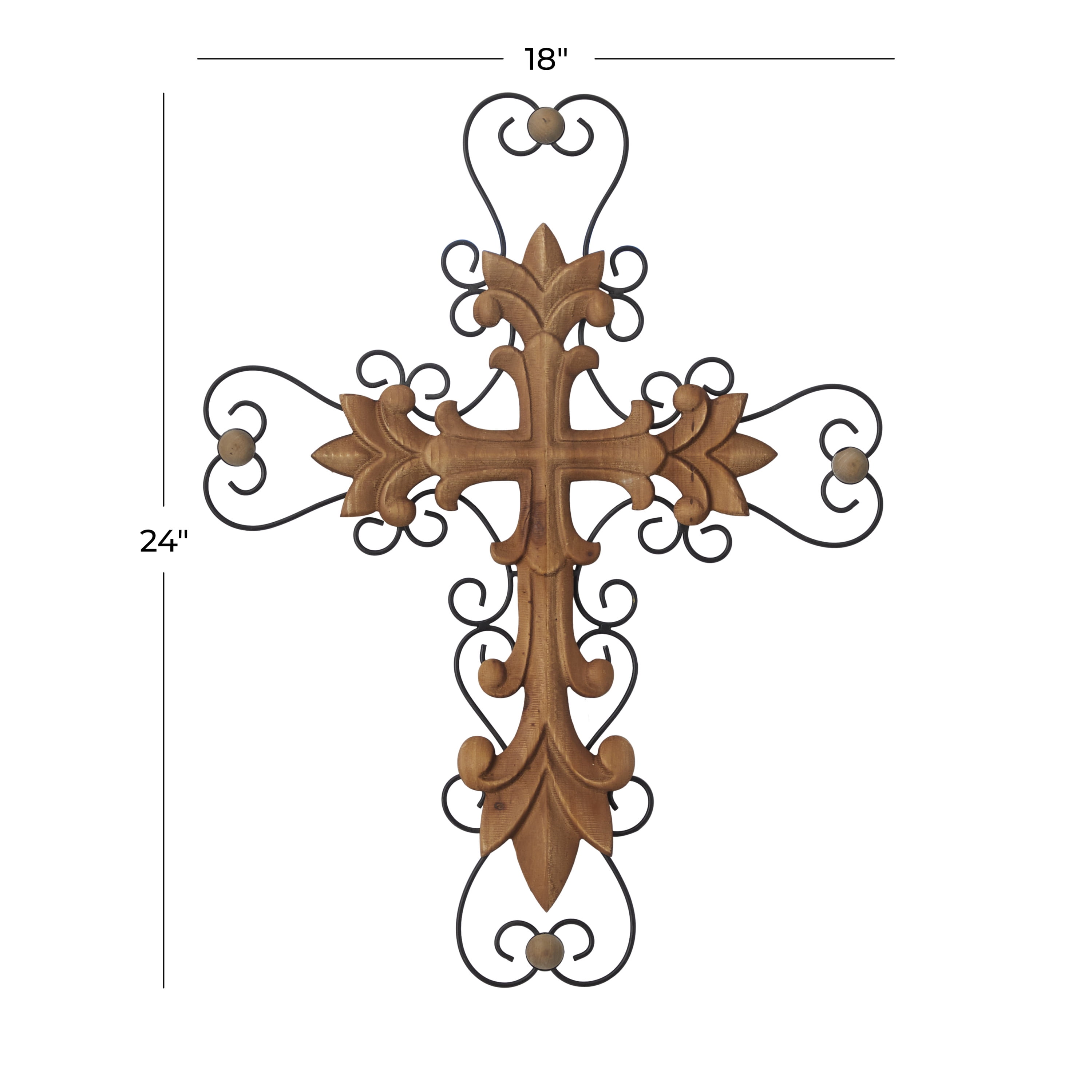 DecMode Brown Wood Carved Cross Cross Wall Decor with Metal Scrollwork