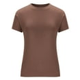 thumbnail image 6 of Women's Short Sleeve Solid Color Crewneck Casual Pullover T-Shirt Tops Blouses Tees Soft Lightweight Breathable Daily Wear Work Office Loungewear Versatile Layering | CSEONE,Coffee XL, 6 of 9