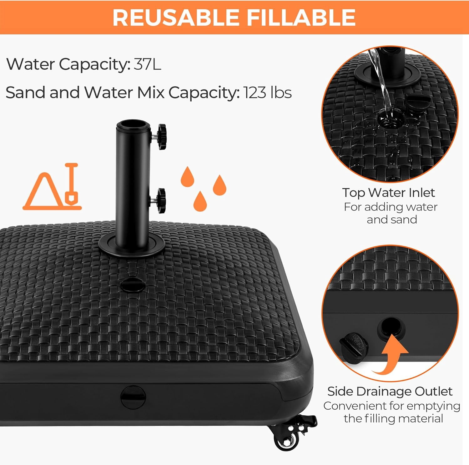 MONGJI 123lb Capacity Fillable Mobile Patio Umbrella Base, Windproof Heavy Duty Market Stand with 4 Wheels, 4 Locks 2 Knobs for Deck, Poolside, Garden,Black-Faux Rattan