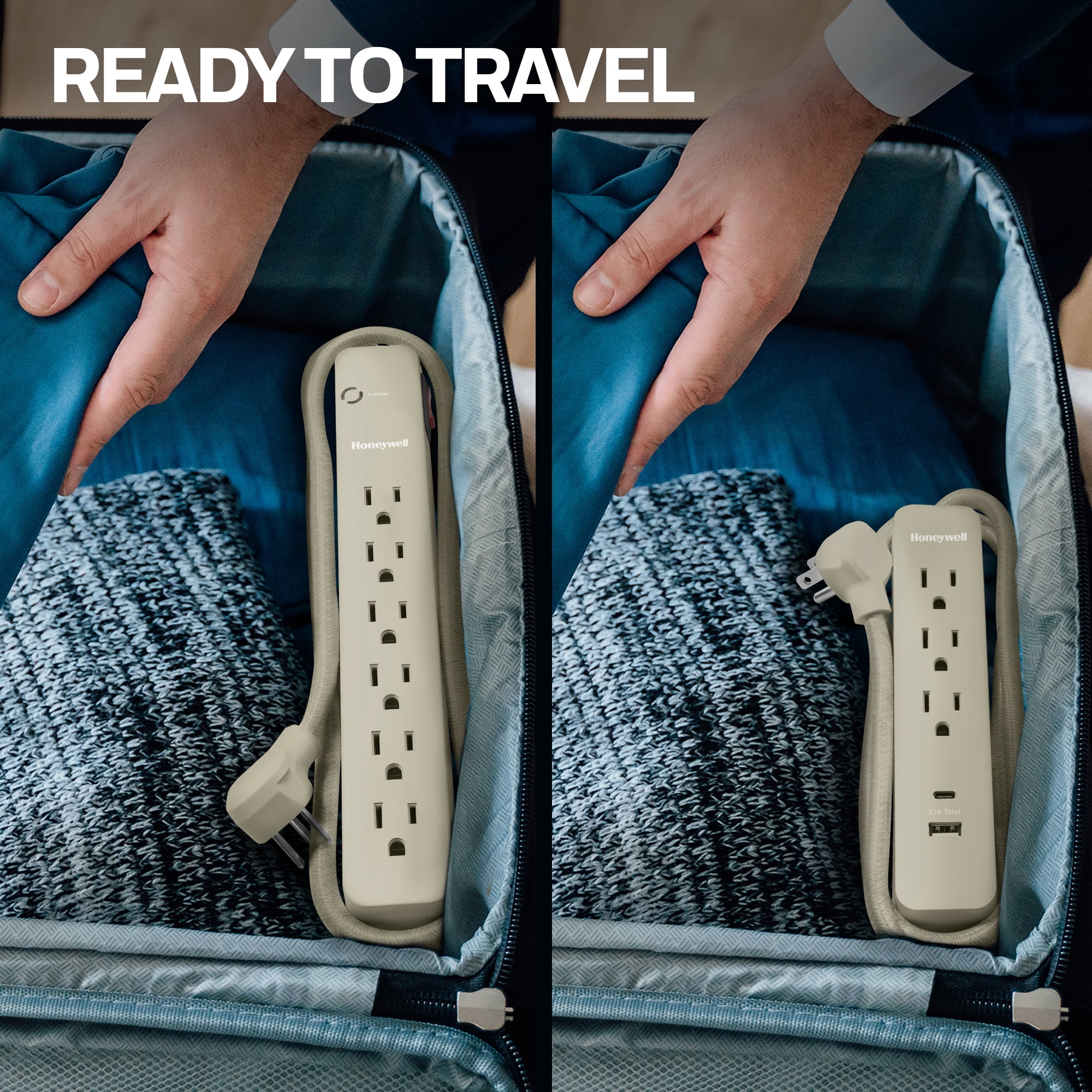 2-in-1 Pack Power Strips with Taupe Finish - 9 Outlets & USB Ports